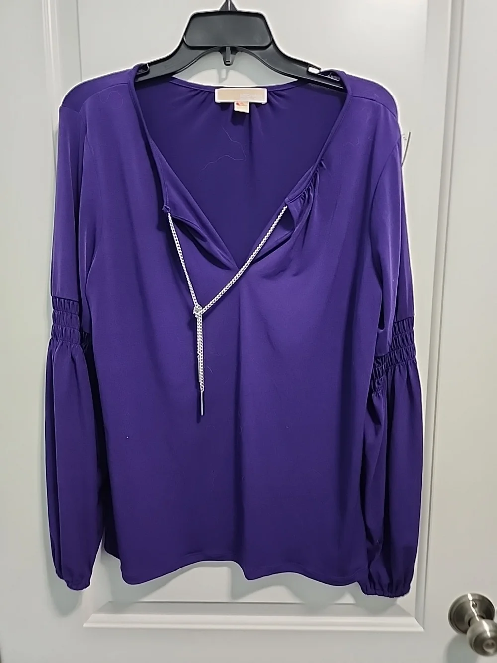Michael Kors Purple Long-Sleeve V-Neck Blouse with Tie